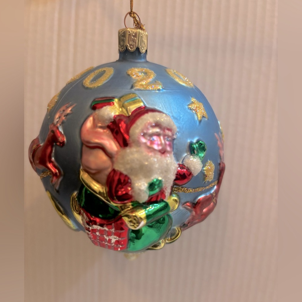 Santa’s Best 3D Blue Vintage 2000 Santa Reindeer Blown Glass Christmas Ornament